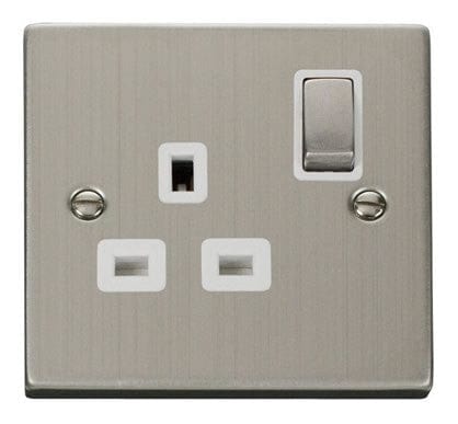 Stainless Steel - White Inserts Stainless Steel 1 Gang 13A DP Ingot Switched Plug Socket - White Trim