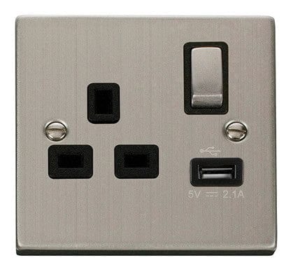Stainless Steel 1 Gang 13A DP Ingot 1 USB Switched Plug Socket - Black Trim - SE Home