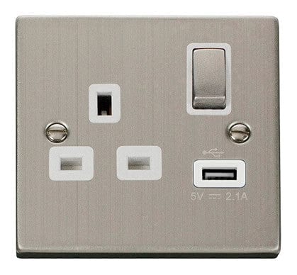 Stainless Steel 1 Gang 13A DP Ingot 1 USB Switched Plug Socket - White Trim - SE Home