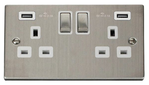 Stainless Steel - White Inserts Stainless Steel 2 Gang 13A DP Ingot 2 USB Twin Double Switched Plug Socket - White Trim