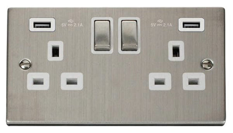 Stainless Steel 2 Gang 13A DP Ingot 2 USB Twin Double Switched Plug Socket - White Trim - SE Home