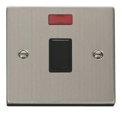 Stainless Steel - Black Inserts Stainless Steel 1 Gang 20A DP Switch With Neon - Black Trim