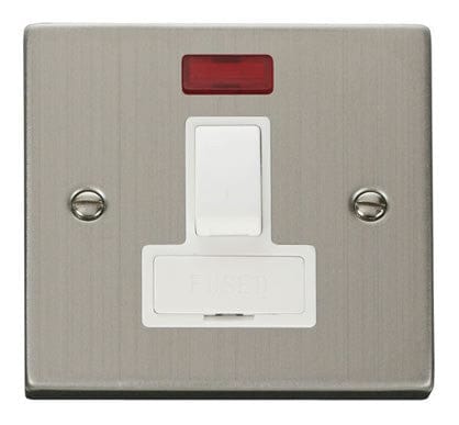 Stainless Steel - White Inserts Stainless Steel 13A Fused Connection Unit Switched With Neon - White Trim