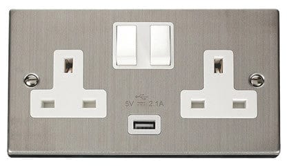 Stainless Steel 2 Gang 13A 1 USB Twin Double Switched Plug Socket - White Trim - SE Home