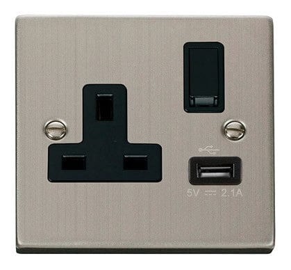 Stainless Steel - Black Inserts Stainless Steel 1 Gang 13A DP 1 USB Switched Plug Socket - Black Trim
