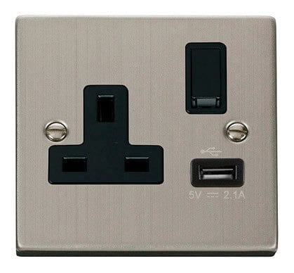 Stainless Steel 1 Gang 13A DP 1 USB Switched Plug Socket - Black Trim - SE Home