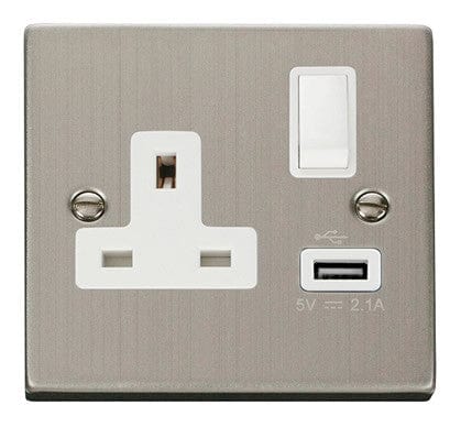 Stainless Steel 1 Gang 13A DP 1 USB Switched Plug Socket - White Trim - SE Home