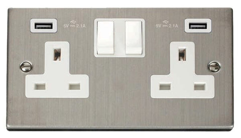 Stainless Steel 2 Gang 13A 2 USB Twin Double Switched Plug Socket - White Trim - SE Home