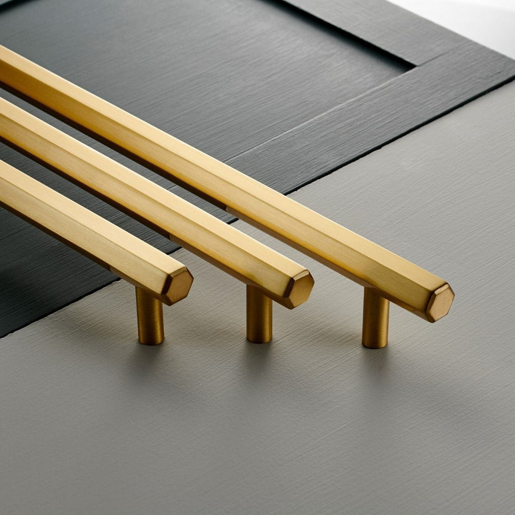Hexagonal Brass Cupboard Bar Handle Satin Brass Hole Centre 160mm 