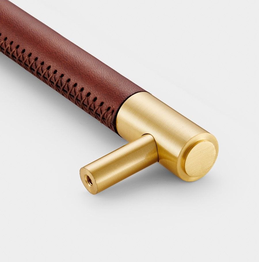 Brown Leather Wrapped Brass Cupboard Bar Handle Satin Brass