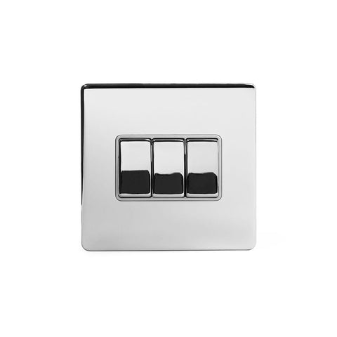 Screwless Polished Chrome - White Trim - Slim Plate Screwless Polished Chrome 10A 3 Gang 2 Way Light Switch