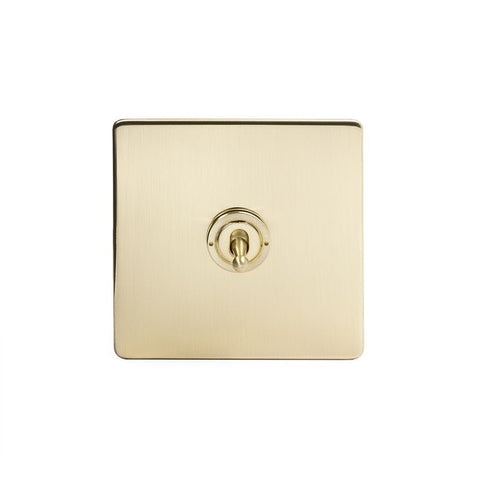 Screwless Brushed Brass - White Trim - Slim Plate Screwless Brushed Brass 1 Gang  Intermediate Toggle Light Switch - White