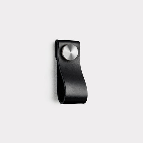 Small Black Leather Cupboard Door Pull Handle - Stud Colour: Silver - SE Home