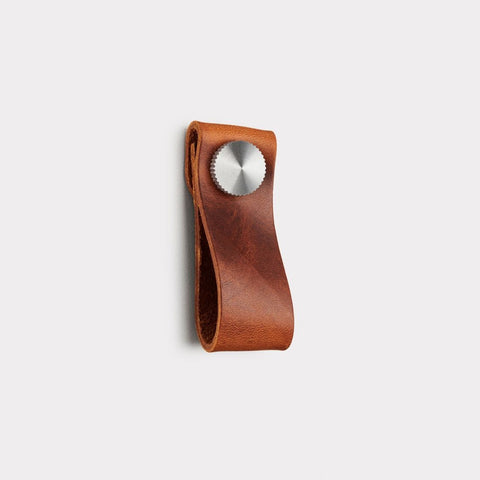Small Brown Leather Cupboard Door Pull Handle - Stud Colour: Silver - SE Home