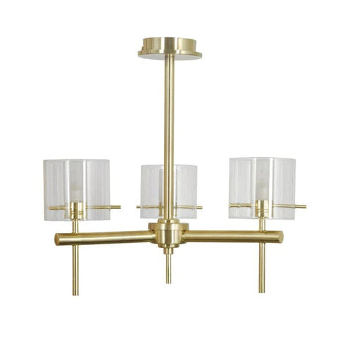 Gene 3 Light Semi Flush Bathroom Ceiling Fitting In Satin Brass And Clear Glass Shades