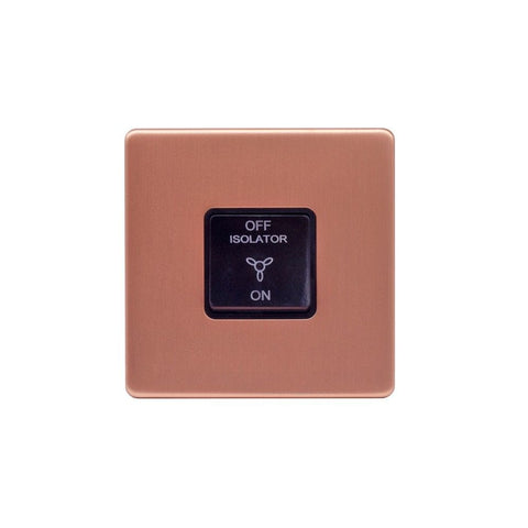 Screwless Raised - Brushed Copper 10A 1 Gang 1 Way 3-Pole Fan Isolator Switch - Black Trim - SE Home