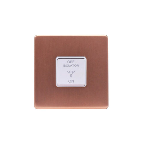 Screwless Brushed Copper - White Trim - Raised Plate Screwless Raised - Brushed Copper 10A 1 Gang 1 Way 3-Pole Fan Isolator Switch - White Trim