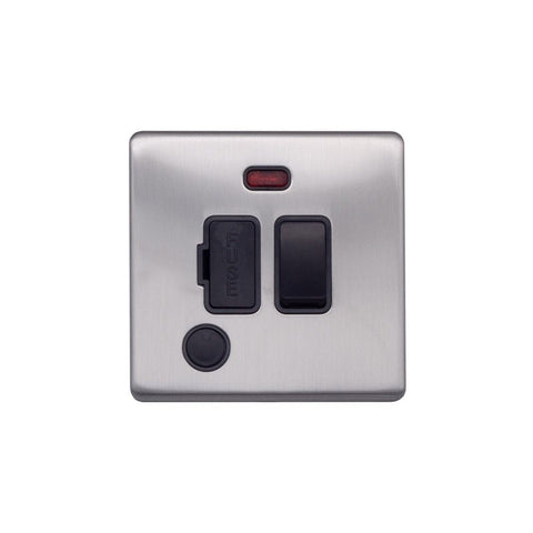 Screwless Brushed Chrome - Black Trim - Raised Plate Screwless Raised - Brushed Chrome 13A Switched Fuse Connection Unit & Flex Outlet/Neon - Black Trim