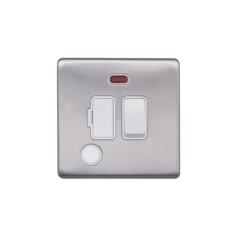 Screwless Brushed Chrome - White Trim - Raised Plate Screwless Raised - Brushed Chrome 13A Switched Fuse Connection Unit & Flex Outlet/Neon- White Trim