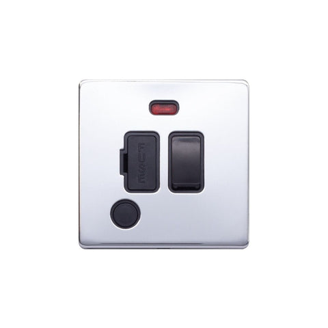 Screwless Raised - Polished Chrome 13A Switched Fuse Connection Unit & Flex Outlet/Neon- Black Trim - SE Home