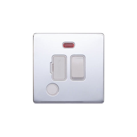 Screwless Polished Chrome - White Trim - Raised Plate Screwless Raised - Polished Chrome 13A Switched Fuse Connection Unit & Flex Outlet/Neon- White Trim