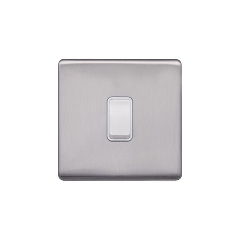 Screwless Brushed Chrome - White Trim - Raised Plate Screwless Raised - Brushed Chrome 1 Gang Intermediate Light Switch - White Trim