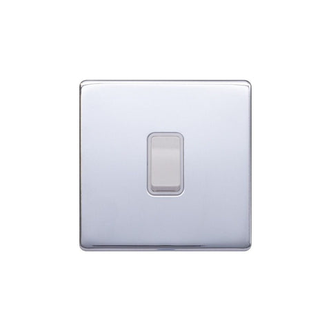 Screwless Polished Chrome - White Trim - Raised Plate Screwless Raised - Polished Chrome 20A 1 Gang Double Pole Switch - White Trim