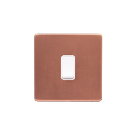 Screwless Brushed Copper - White Trim - Raised Plate Screwless Raised - Brushed Copper 1 Gang Intermediate Light Switch - White Trim