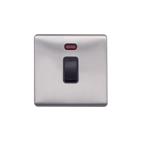 Screwless Raised - Brushed Chrome 20A 1 Gang Double Pole Switch & Neon-Black Trim - Black Trim - SE Home