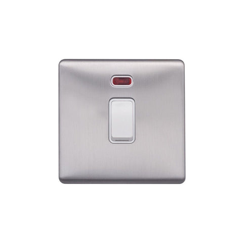 Screwless Raised - Brushed Chrome 20A 1 Gang Double Pole Switch & Neon-White Trim - White Trim - SE Home