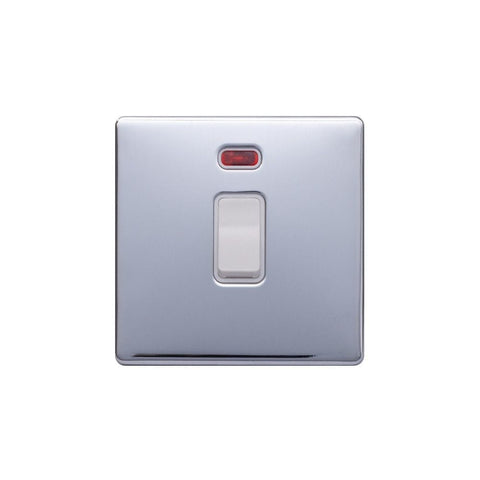 Screwless Polished Chrome - White Trim - Raised Plate Screwless Raised - Polished Chrome 20A 1 Gang Double Pole Switch & Neon-White Trim - White Trim