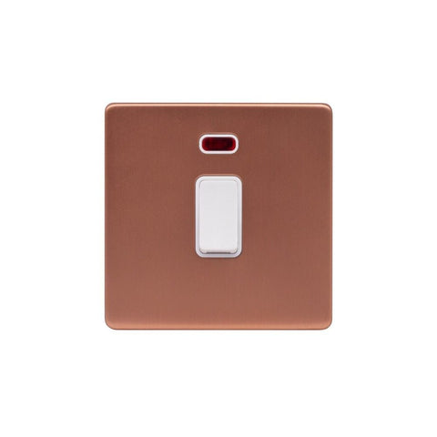 Screwless Brushed Copper - White Trim - Raised Plate Screwless Raised - Brushed Copper 20A 1 Gang Double Pole Switch & Neon-White Trim - White Trim