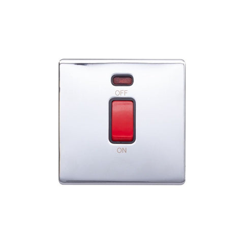 Screwless Raised - Polished Chrome 45A 1 Gang Double Pole Switch, Single Plate - Black Trim - SE Home