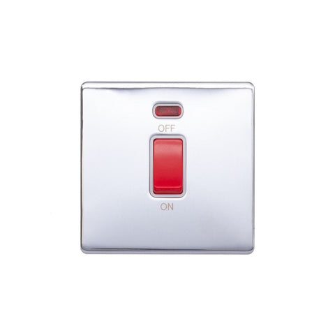 Screwless Raised - Polished Chrome 45A 1 Gang Double Pole Switch, Single Plate - White Trim - SE Home