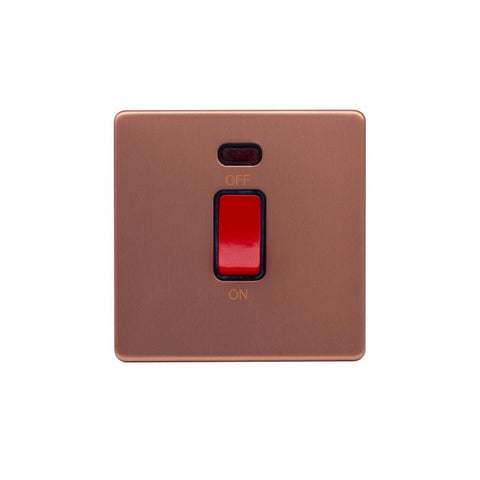Screwless Raised - Brushed Copper 45A 1 Gang Double Pole Switch, Single Plate - Black Trim - SE Home