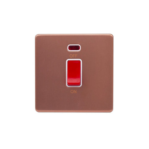 Screwless Brushed Copper - White Trim - Raised Plate Screwless Raised - Brushed Copper 45A 1 Gang Double Pole Switch, Single Plate - White Trim