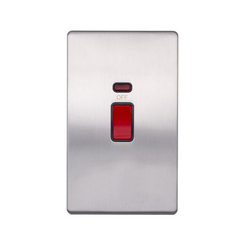 Screwless Raised - Brushed Chrome 45A 1 Gang Double Pole Switch & Neon, Large Plate - Black Trim - SE Home