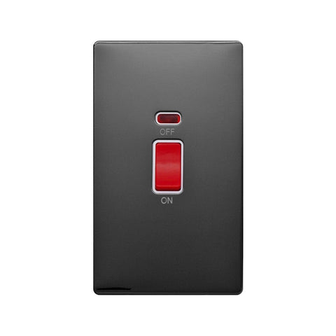 Screwless Raised - Black Nickel 45A 1 Gang Double Pole Switch & Neon, Large Plate - White Trim - SE Home