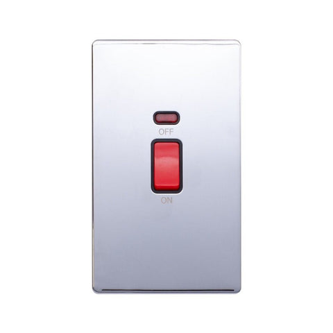 Screwless Raised - Polished Chrome 45A 1 Gang Double Pole Switch & Neon, Large Plate - Black Trim - SE Home