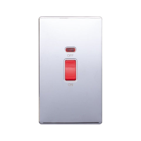 Screwless Raised - Polished Chrome 45A 1 Gang Double Pole Switch & Neon, Large Plate - White Trim - SE Home