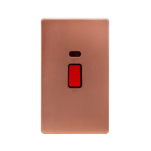 Screwless Raised - Brushed Copper 45A 1 Gang Double Pole Switch & Neon, Large Plate - Black Trim - SE Home