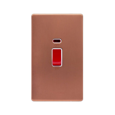 Screwless Raised - Brushed Copper 45A 1 Gang Double Pole Switch & Neon, Large Plate - White Trim - SE Home