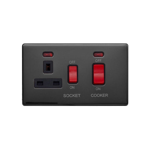 Screwless Black Nickel - Black Trim - Raised Plate Screwless Raised - Black Nickel 45A Cooker Control Unit & Neon-Black Trim - Black Trim