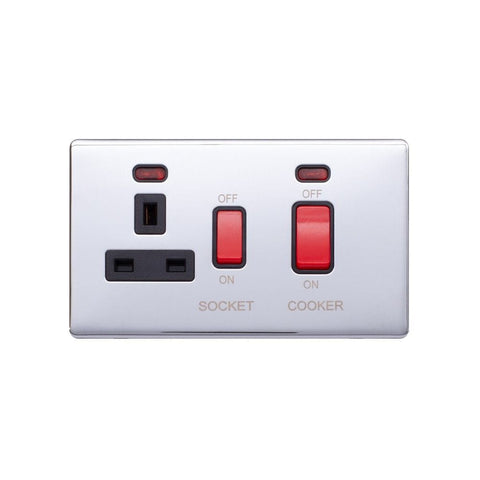 Screwless Polished Chrome - Black Trim - Raised Plate Screwless Raised - Polished Chrome 45A Cooker Control Unit & Neon- Black Trim