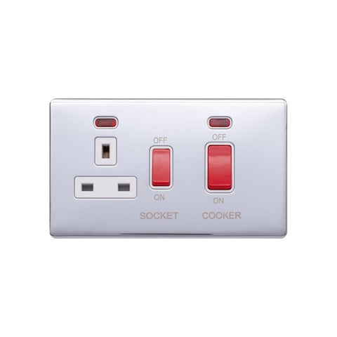 Screwless Polished Chrome - White Trim - Raised Plate Screwless Raised - Polished Chrome 45A Cooker Control Unit & Neon- White Trim