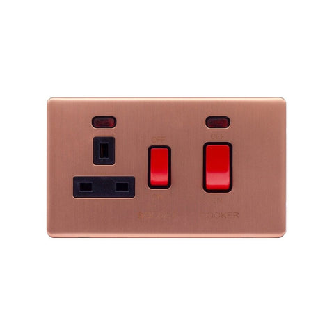 Screwless Brushed Copper - Black Trim - Raised Plate Screwless Raised - Brushed Copper 45A Cooker Control Unit & Neon- Black Trim