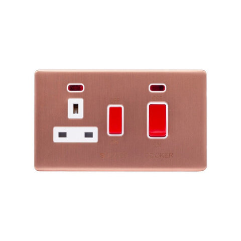 Screwless Brushed Copper - White Trim - Raised Plate Screwless Raised - Brushed Copper 45A Cooker Control Unit & Neon- White Trim