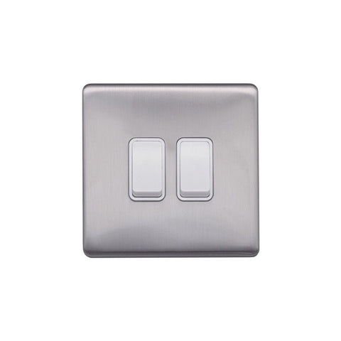 Screwless Brushed Chrome - White Trim - Raised Plate Screwless Raised - Brushed Chrome 10A 2 Gang 2 Way Light Switch - White Trim