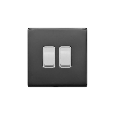 Screwless Black Nickel - White Trim - Raised Plate Screwless Raised - Black Nickel 10A 2 Gang 2 Way Light Switch - White Trim