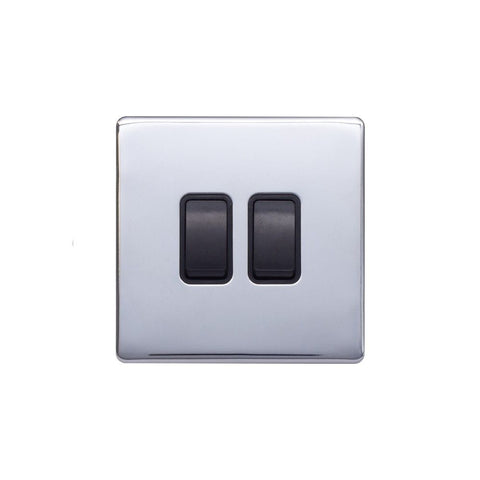 Screwless Raised - Polished Chrome 10A 2 Gang 2 Way Light Switch - Black Trim - SE Home